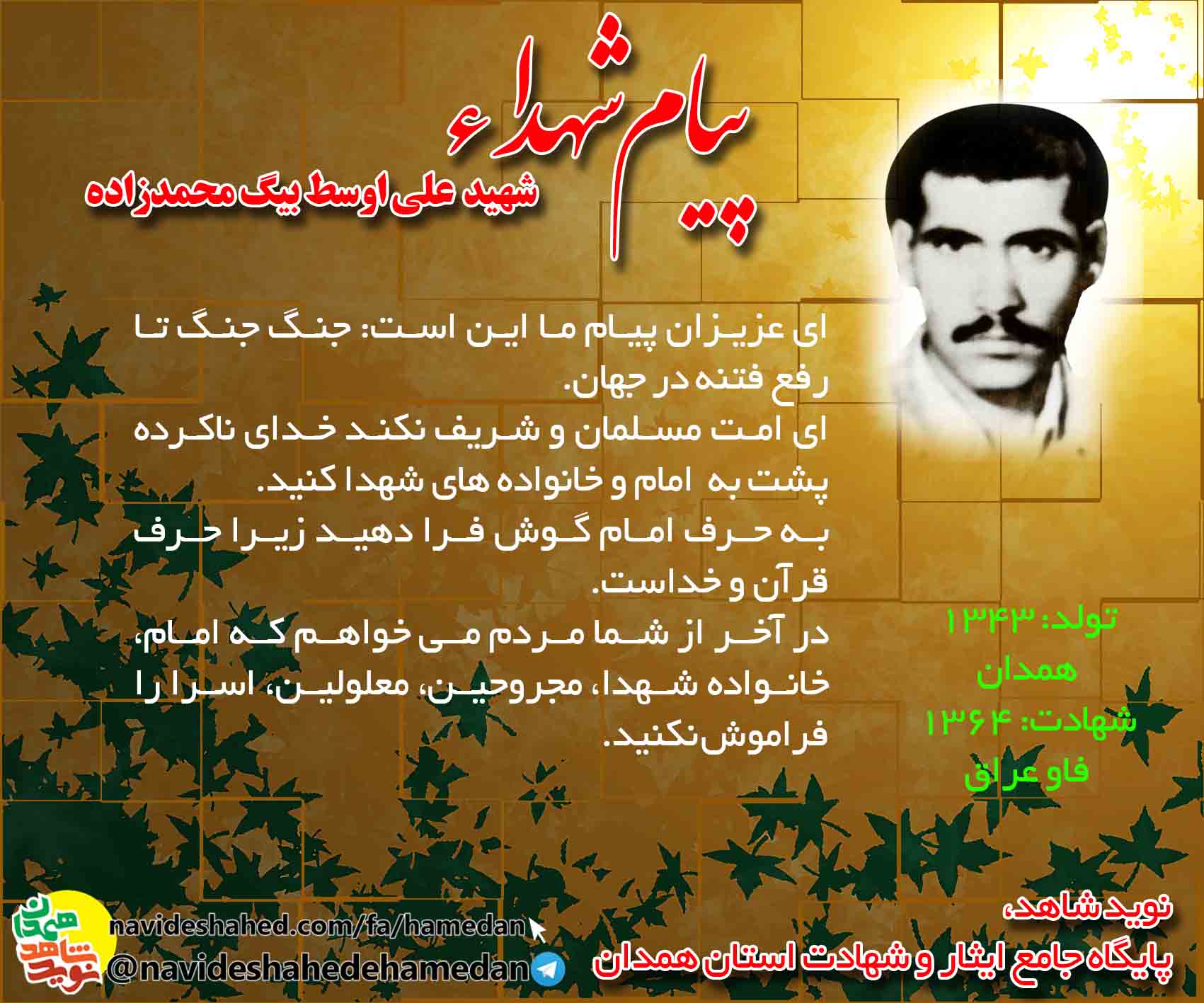 پیام شهید بیگ محمدزاده: خانواده شهدا، مجروحين، معلولين و اسرا را فراموش نکنيد. پیام شهید بیگ محمدزاده: خانواده شهدا، مجروحين، معلولين و اسرا را فراموش نکنيد.